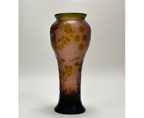 A Reproduction Galle pate de verre cameo glass vase, with butterflies and floral decoration to body on pink glass ground. (h-