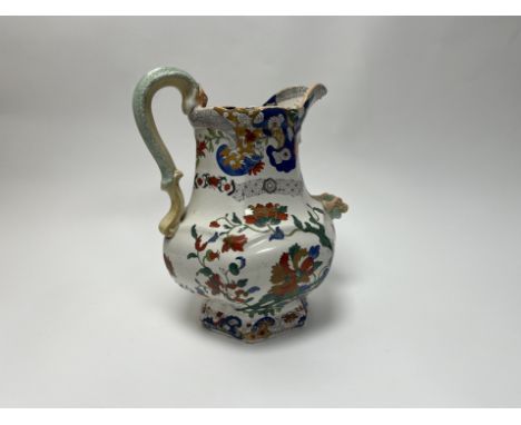 A 19thc Fenton ironstone water basin jug in the Imari palette with handpainted chrysanthemums and additions of a dragon mask 