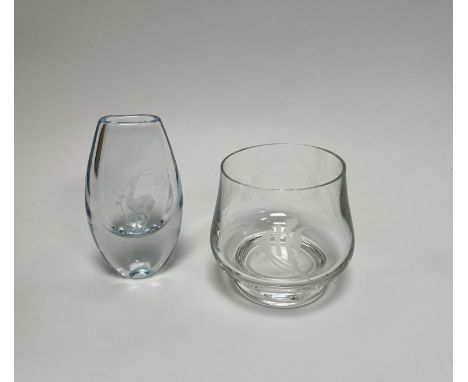 A boxed Caithness footed glass bowl/vase with etched with fish to front (h. 11.5cm), together with a Strombergshyttan glass w