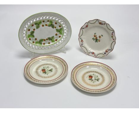 A small collection of 19thc creamware plates comprising, a Spode dish decorated with strawberry vines to centre enclosed with