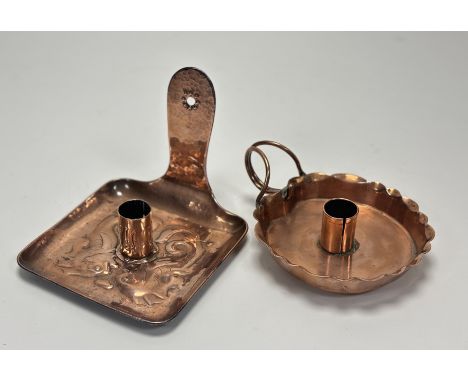 A Joseph Sankey &amp; Sons copper pie crust shaped chamberstick candle holder with loop handle (marked verso) together with a