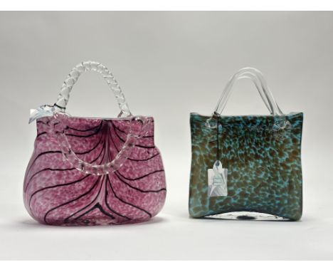A pair of Italian Laguna Art Glass Handbags,one in a brown and green turtoise colourway (h-22cm) the other in a pink, white a