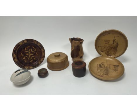 A collection of miscellaneous wooden objects comprising, a shallow wooden bowl with foliate inlay design (d. 21cm), a lidded 