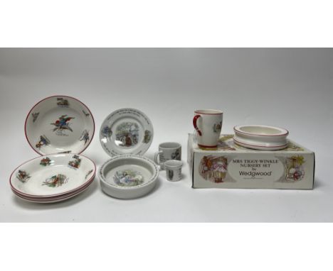 A boxed Wedgwood Mrs Tiggy-Winkle Nursery Set comprising, a plate (d. 17cm), an egg cup, a mug, and a bowl with raised sides 