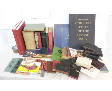 A crate containing vintage Royalty souvenir publications, two school atlases, two copies of Volume II of Pictorial and Histor