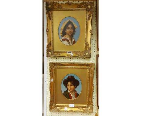 A pair of gilt framed and oval slipped continental oils on board, one a portrait of a young man wearing a hat, the other a gi