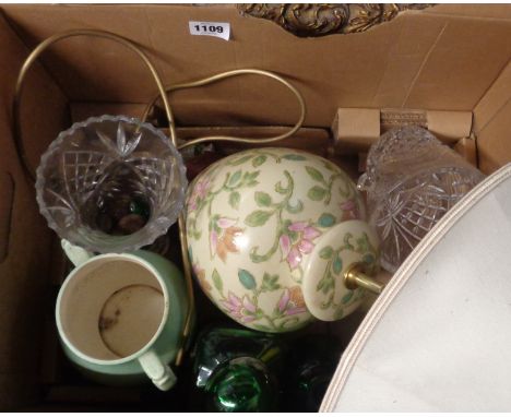 A box containing a quantity of assorted ceramic and glass items including table lamp, decanter, etc.