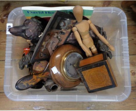 A crate containing a quantity of collectable items including barometer, dog figurine, black lacquer hand mirror, etc.