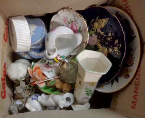 A box containing a quantity of assorted ceramics including Derby Posies dishes, Nao bear, etc.