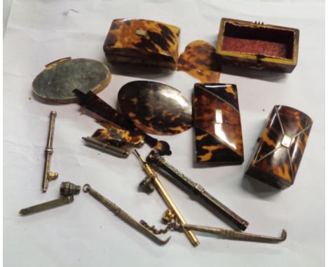 A quantity of assorted items including propelling pencil pieces (some silver) and tortoiseshell trinket boxes - various condi