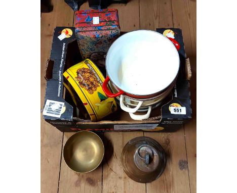 A box containing a quantity of collectable items including vintage tins, brass porch bell, etc.