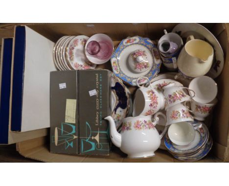 A box containing a quantity of assorted ceramics and glassware including boxed set of vintage Tempo Glassware drinking glasse