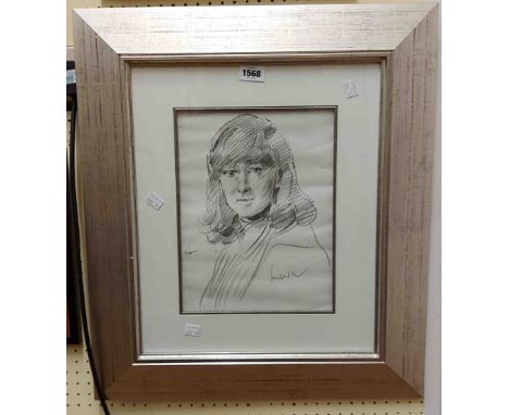 †R.O. Lenkiewicz: a silvered framed pencil sketch head and shoulders portrait of Sally Johnson - signed Lenkiewicz - 31cm X 2