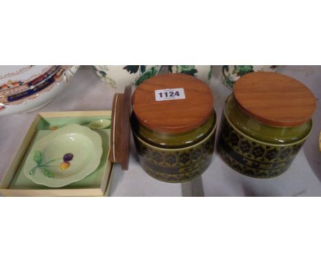 Two Hornsea storage jars in the Heirloom pattern - sold with a boxed Carltonware dish and spoon