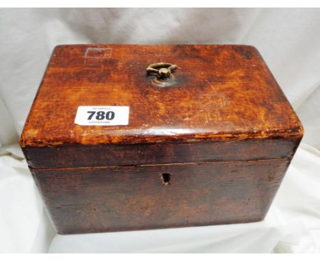 An antique tea caddy with painted wood grained finish and three internal metal canisters