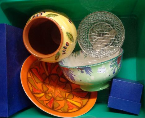 A crate containing a quantity of ceramics and glassware including Poole Pottery Aegean bowl (a/f), etc.