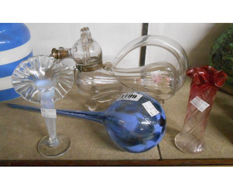 A small quantity of glassware comprising Edwardian glass dog form decanter (a/f), vaseline glass vase, cranberry similar and 