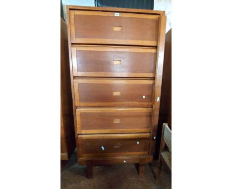 A 92cm vintage oak filing chest with shelves enclosed by five bracket locking up-and-over doors, set on square supports