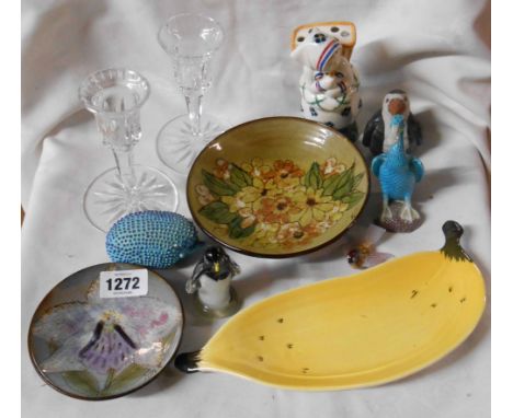 A small selection of ceramic and glass items including a pair of Waterford crystal candlesticks, an Aluminia Denmark pottery 