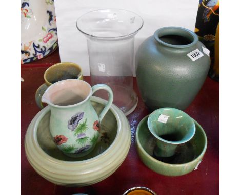 A quantity of assorted ceramics including Devonmoor pottery green glazed vases, E. Radford jug, etc.