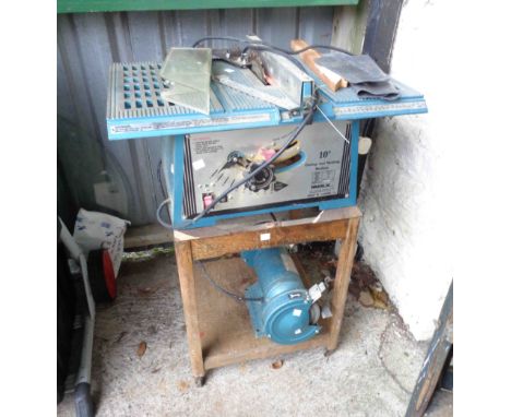 A Naerok NTS-10 table saw, bench mounted with bench grinder to undertier