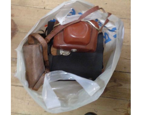 A bag containing a quantity of binoculars, cameras, etc. including Kodak Coloursnap 35 camera model 2, etc.