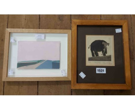 A small box framed acrylic stylised landscape painting entitled 'Victoria' - sold with a monochrome artist's proof etching, d