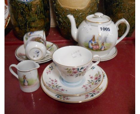 An early 20th Century Grimwades 'Beatrix Potter' Peter Rabbit children's part tea set comprising teapot of globe form, two tr