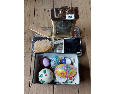 A small quantity of collectable items including quartz movement carriage clock, dressing table set, etc.