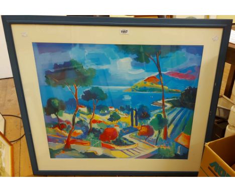 Jean-Claude Picot: a blue painted framed large format coloured seri-lithograph entitled 'L'Escalier a Theoule' in vibrant pal