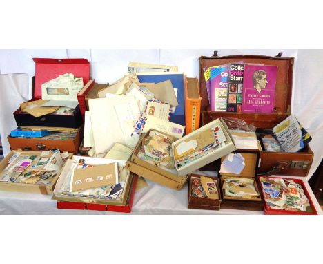 A box containing a large collection of GB and world stamps, loose, on paper and recovered, also vintage stamp catalogues, pos