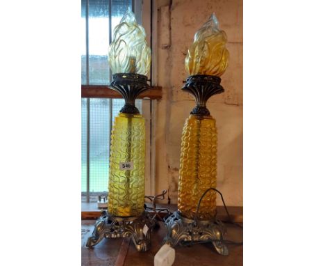 A pair of vintage table lamps of torchere form with textured glass body and cast brass fittings