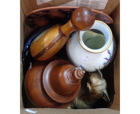 A box containing a quantity of ceramics including Melba Ware dog, Franklin Porcelain vase, etc.