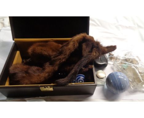 A case containing a quantity of collectable items including hip flask, inkwell, two ceramic carpet bowls, mink stole, various