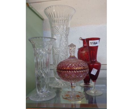 A small quantity of assorted glassware including large Brierley crystal vase (a/f), ruby glass two handled vase with gilt dec