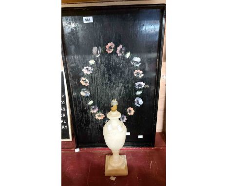 A vintage table tray with ebonised finish and painted floral decoration - sold with an old alabaster table lamp