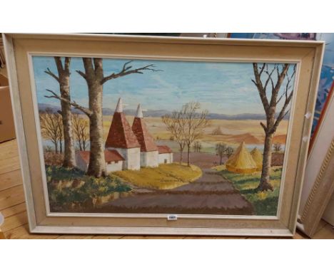 L. Lewis: a painted wood and hessian framed vintage oil on board, depicting oast houses in a landscape setting - signed and d