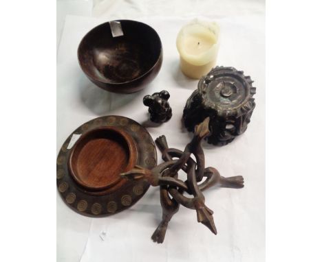 A collection of carved wood items including Chinese carved wood stand, bowl, mouse netsuke, etc.