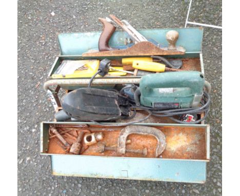 A toolbox containing a quantity of assorted tools including jigsaw, etc.