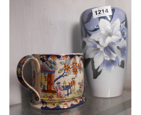 A Royal Copenhagen porcelain vase with floral decoration - sold with a 19th Century Staffordshire pottery mug with coloured c