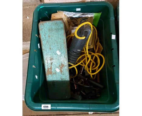 A crate containing a quantity of assorted tools including boxed multimeter, sockets, etc. - sold with a 110v SDS drill