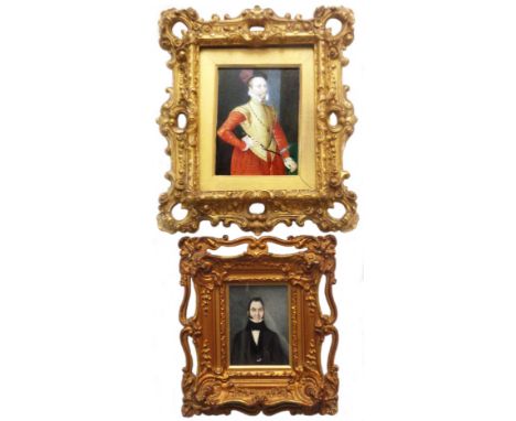 Steven van der Meulen (after): an antique ornate gilt gesso framed hand painted copy portrait miniature, depicting Robert Dud