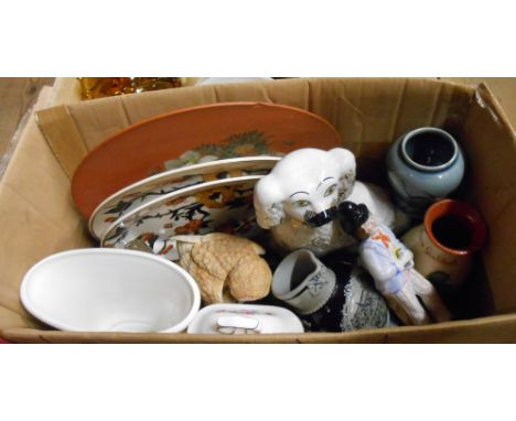 A box containing a quantity of assorted ceramic and glass items including Royal Derby Posies clock, Sevres glass candlestick,