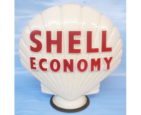 An original moulded white glass Shell Economy petrol pump globe with raised red lettering and rubber collar by Hailware - cir