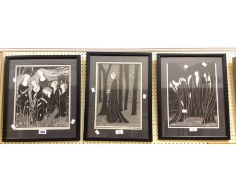 †Hannah Frank: three matching framed vintage monochrome lithographic prints comprising 'Night Forms', 'Garden' and 'Woman wit