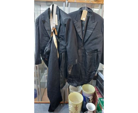 Two vintage dress tailcoats - sold with a pair of black trousers with braces