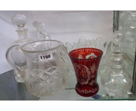 A small quantity of assorted glassware including Waterford crystal golfer trophy set on a wooden base, Bohemian ruby flash gl