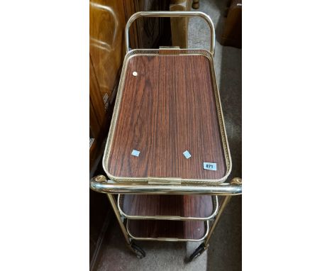 A pair of modern chairs with red bentwood seats and chrome tubular legs - sold with a vintage three tier tea trolley