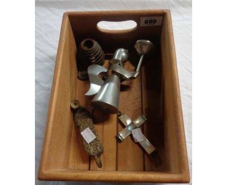 A small crate marked 'Saint-Tropez Cote d'Azur France' containing a quantity of collectable items including mother-of-pearl c