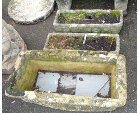 A 75cm concrete trough planter - sold with a pair of narrow oblong similar